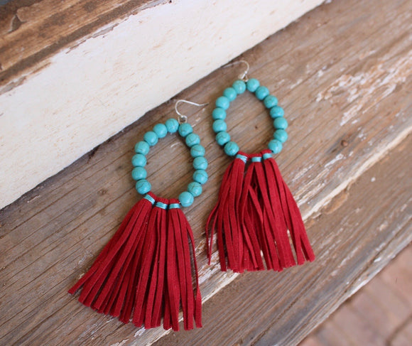 Red / Turquoise Fringe Earrings
